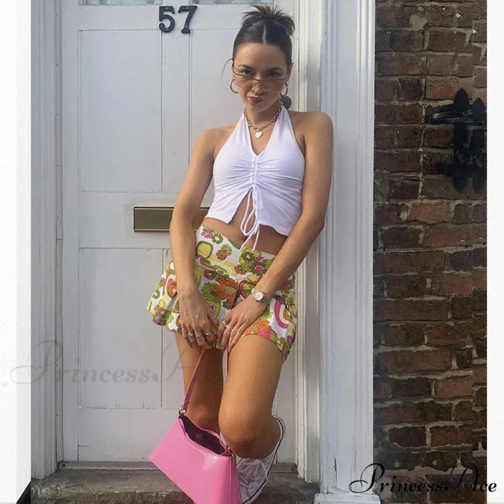 Fashion Women Lace Up Halter Black Sleeveless Drawstring Slim Fit Crop Club Summer Camis Streetwear Tank top WHITE / S