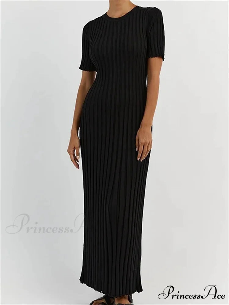 Fashion Women Solid Color Round Neck Short Sleeve Summer Tie-Up Party Ribbed Knitted Female Vestidos BLACK / S