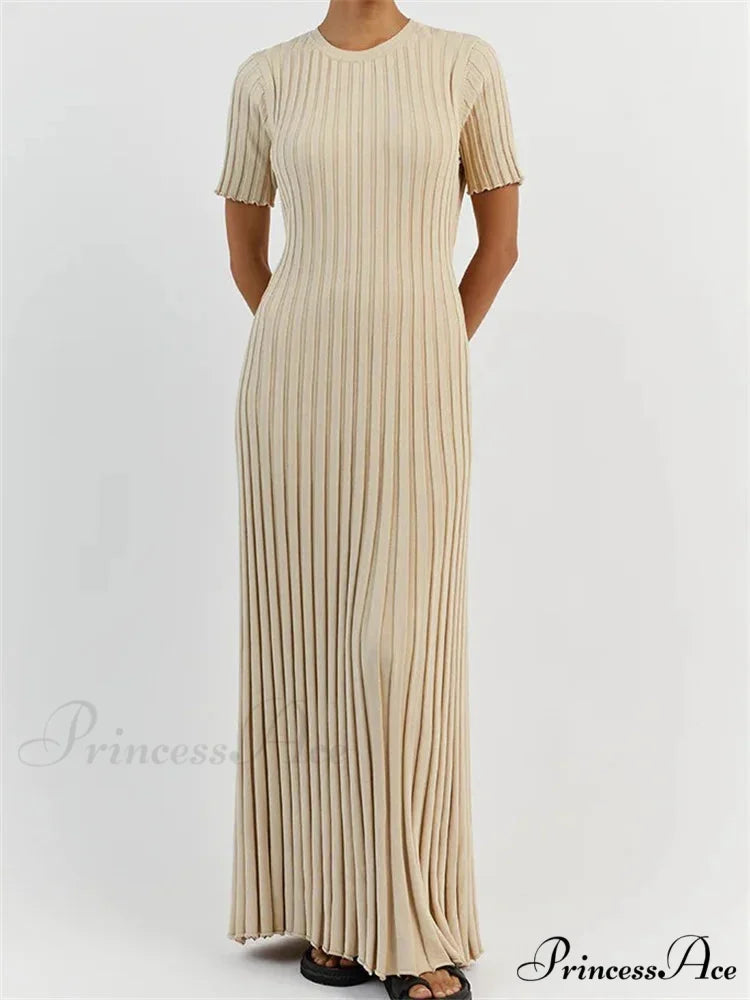 Fashion Women Solid Color Round Neck Short Sleeve Summer Tie-Up Party Ribbed Knitted Female Vestidos WHITE / S