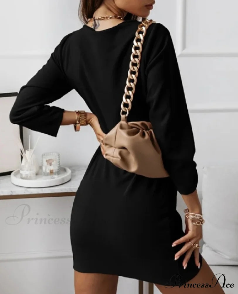 Fashion Women V-neck Spring Slim Folds Mini Dress L / BLACK