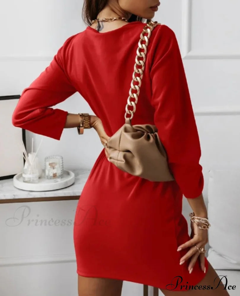 Fashion Women V-neck Spring Slim Folds Mini Dress M / BLACK