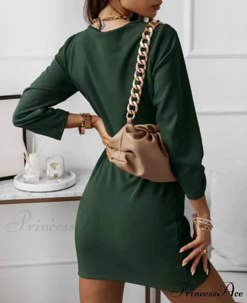 Fashion Women V-neck Spring Slim Folds Mini Dress M / PINK