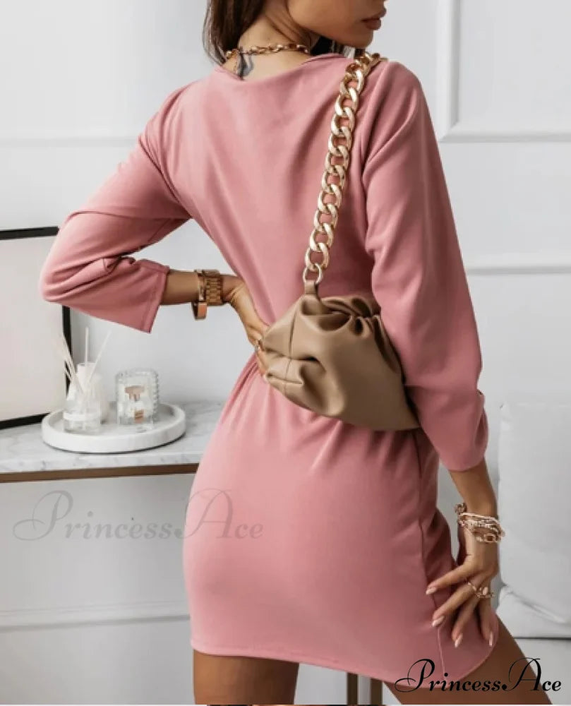 Fashion Women V-neck Spring Slim Folds Mini Dress S / PINK