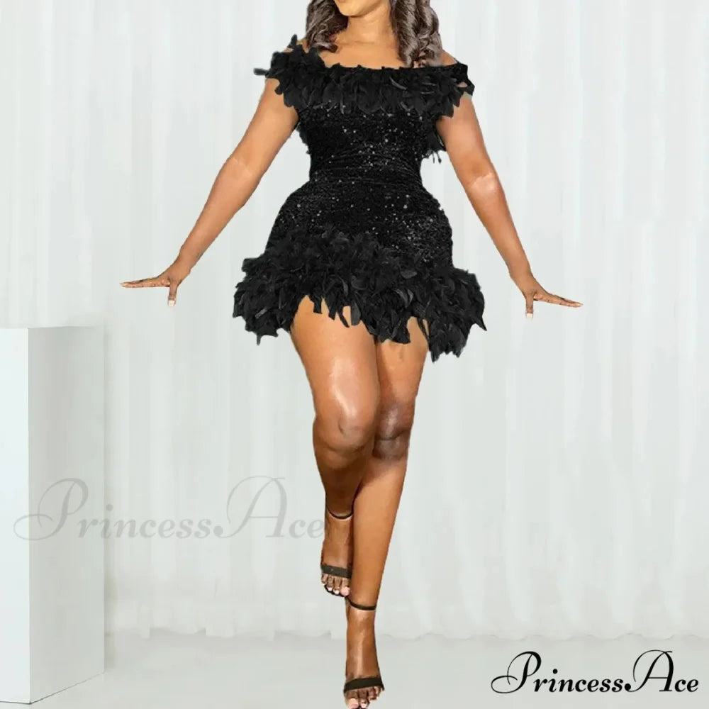 Fashion Women’s Sexy Lace Up Short Sleeve Evening Party Mini Dew Shoulder Halter Neck Solid Color Strapless Dress Black