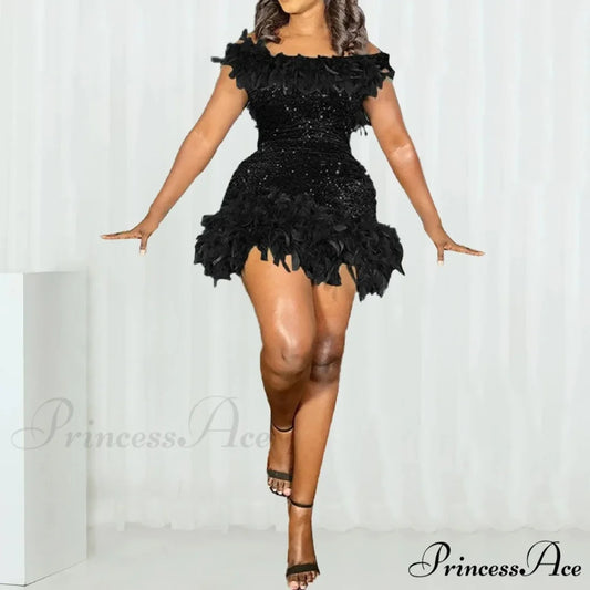 Fashion Women’s Sexy Lace Up Short Sleeve Evening Party Mini Dew Shoulder Halter Neck Solid Color Strapless Dress Black