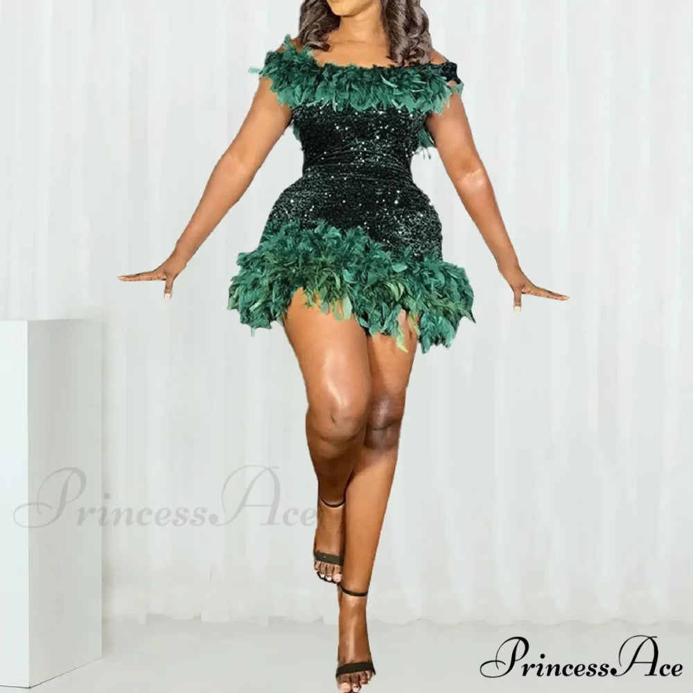 Fashion Women’s Sexy Lace Up Short Sleeve Evening Party Mini Dew Shoulder Halter Neck Solid Color Strapless Dress Green