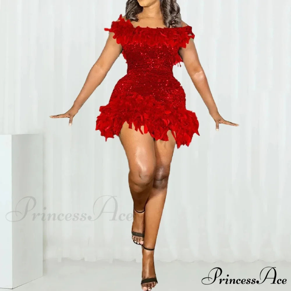 Fashion Women’s Sexy Lace Up Short Sleeve Evening Party Mini Dew Shoulder Halter Neck Solid Color Strapless Dress Red