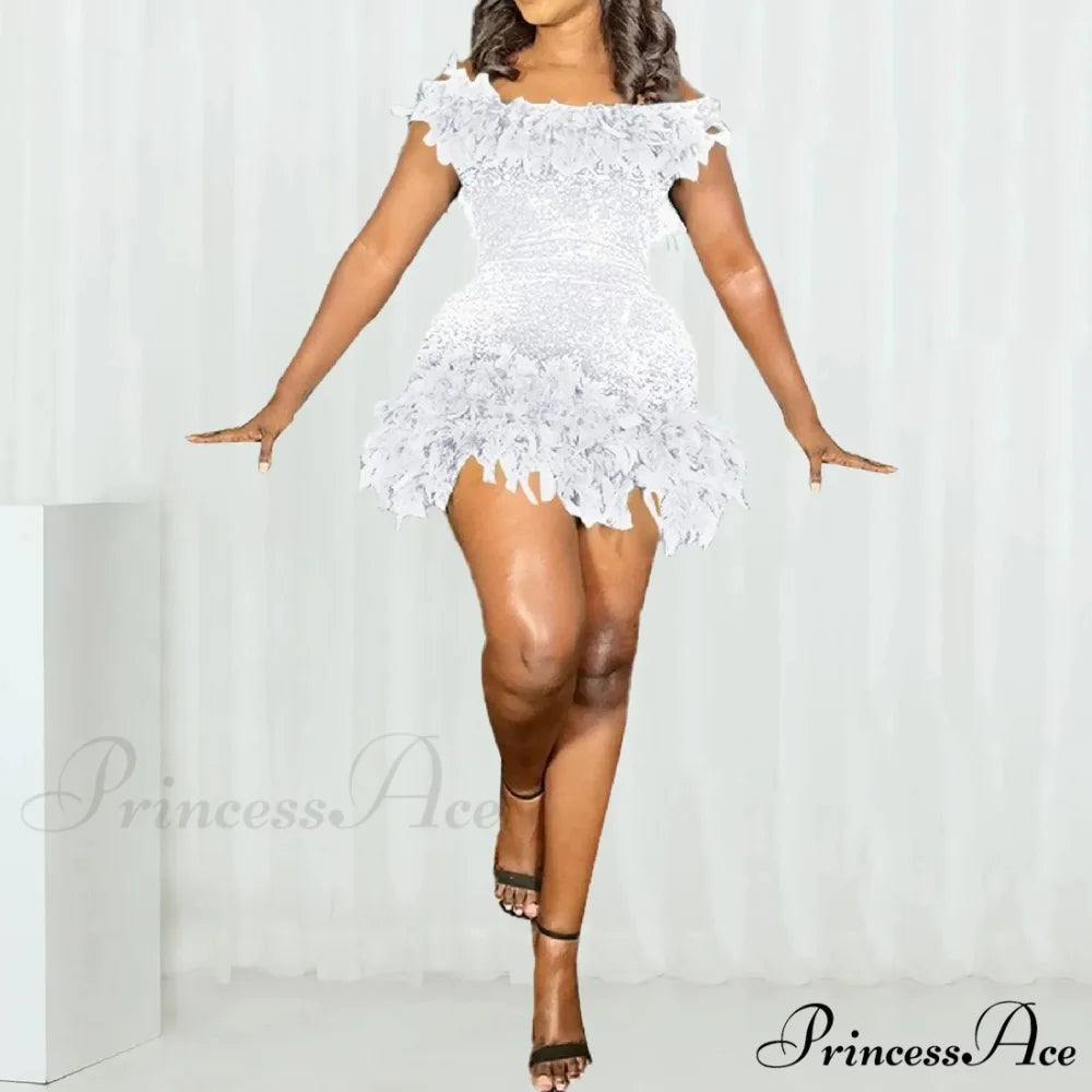 Fashion Women’s Sexy Lace Up Short Sleeve Evening Party Mini Dew Shoulder Halter Neck Solid Color Strapless Dress White