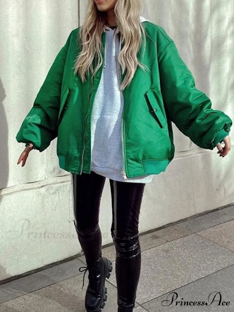 Fashion Zipper Loose Green Bomber Varsity Coat
