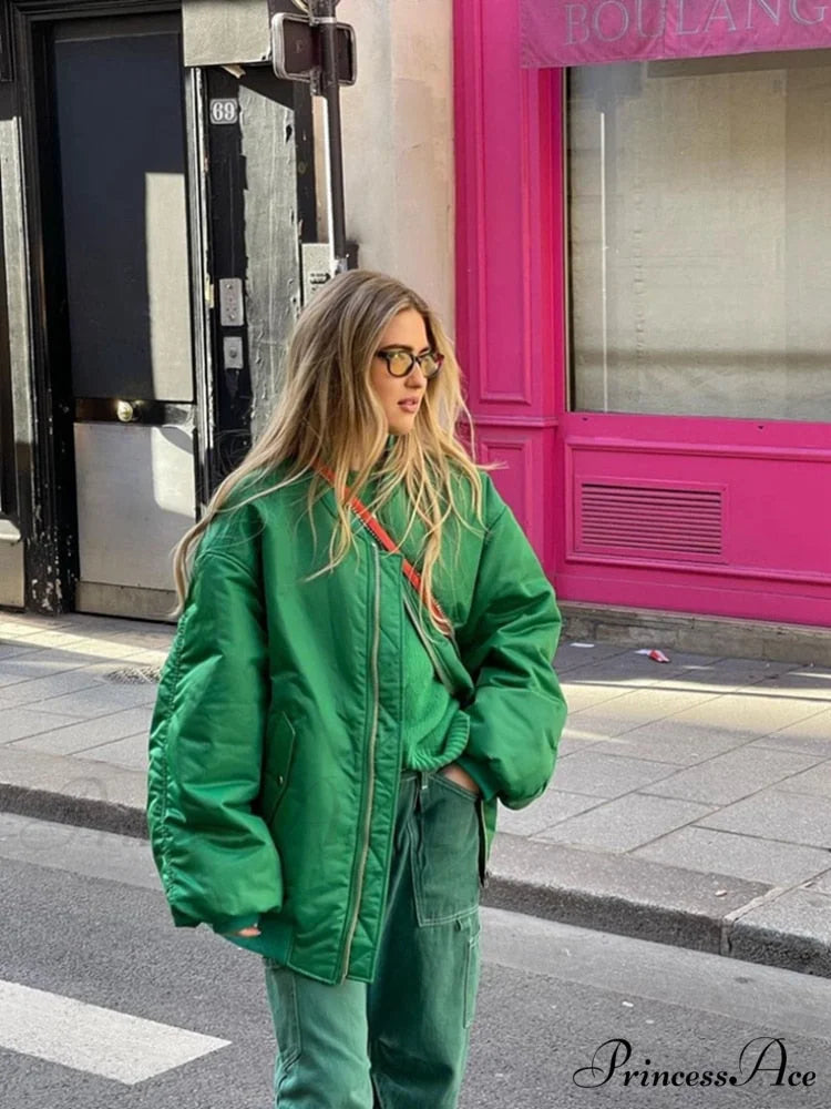 Fashion Zipper Loose Green Bomber Varsity Coat