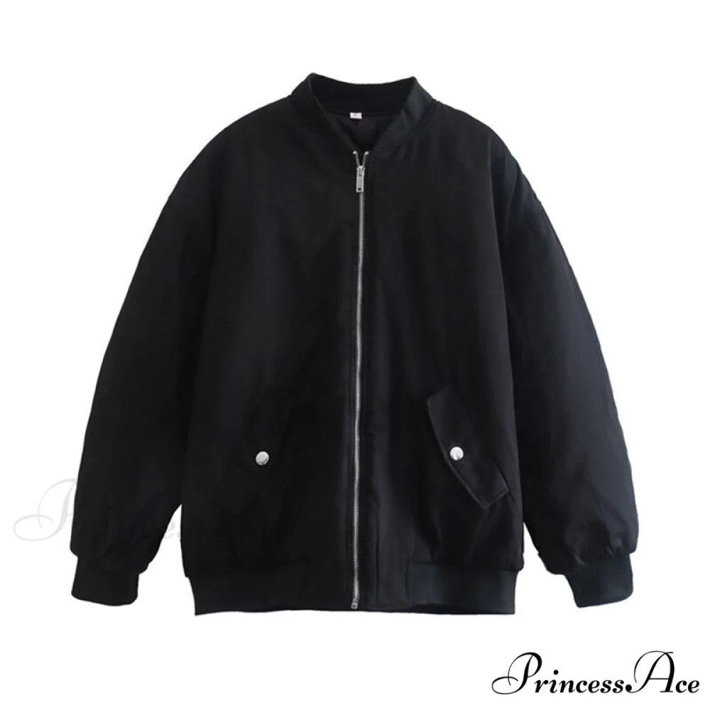 Fashion Zipper Loose Green Bomber Varsity Coat Black / XS