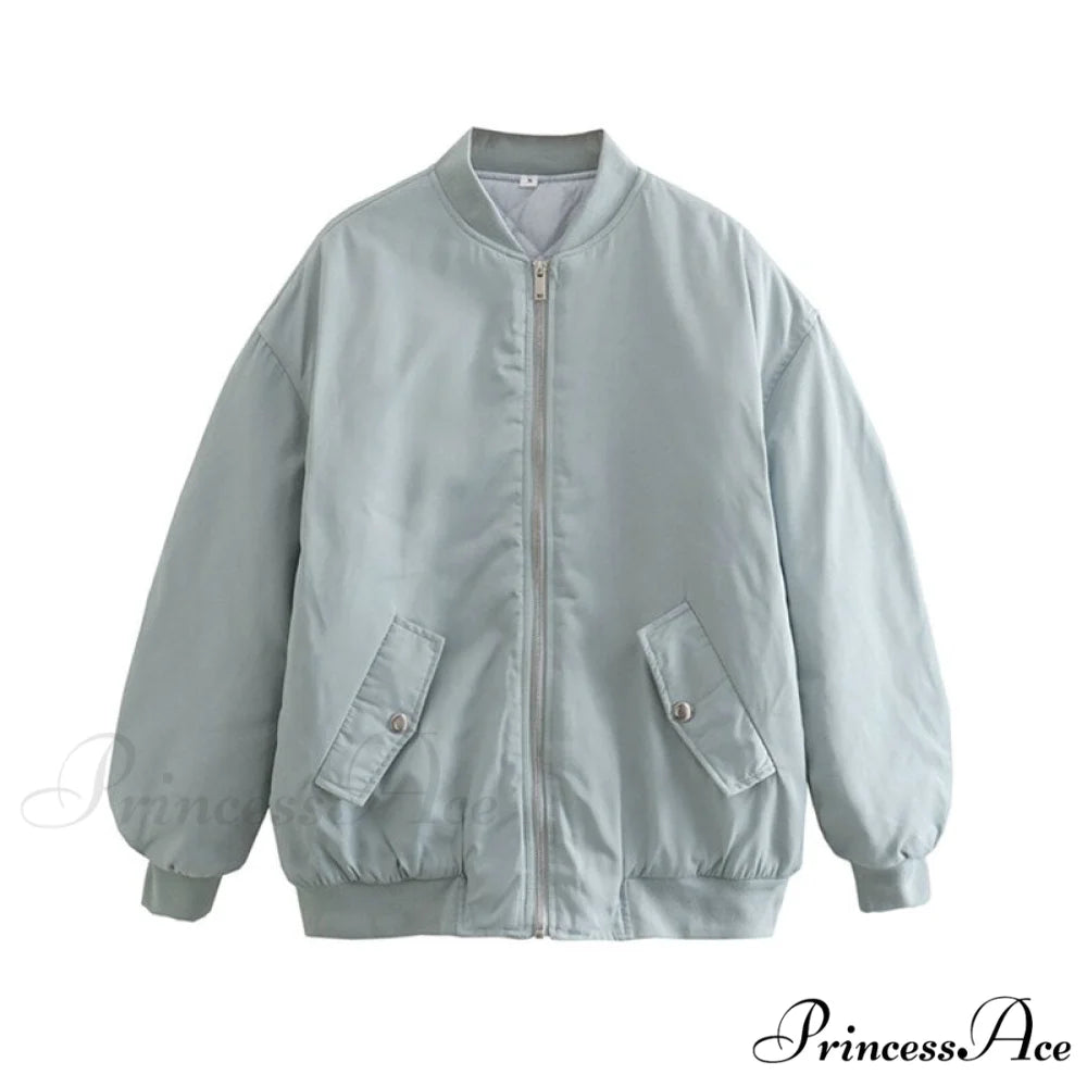 Fashion Zipper Loose Green Bomber Varsity Coat Gray / XS