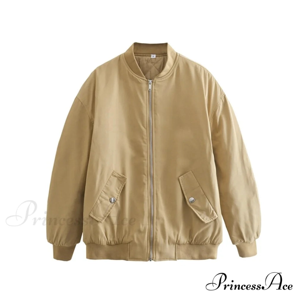 Fashion Zipper Loose Green Bomber Varsity Coat Khaki / XS