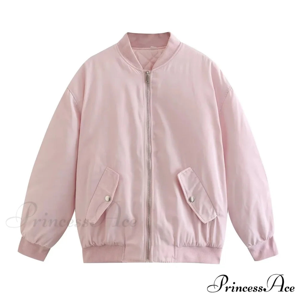 Fashion Zipper Loose Green Bomber Varsity Coat Pink / XS