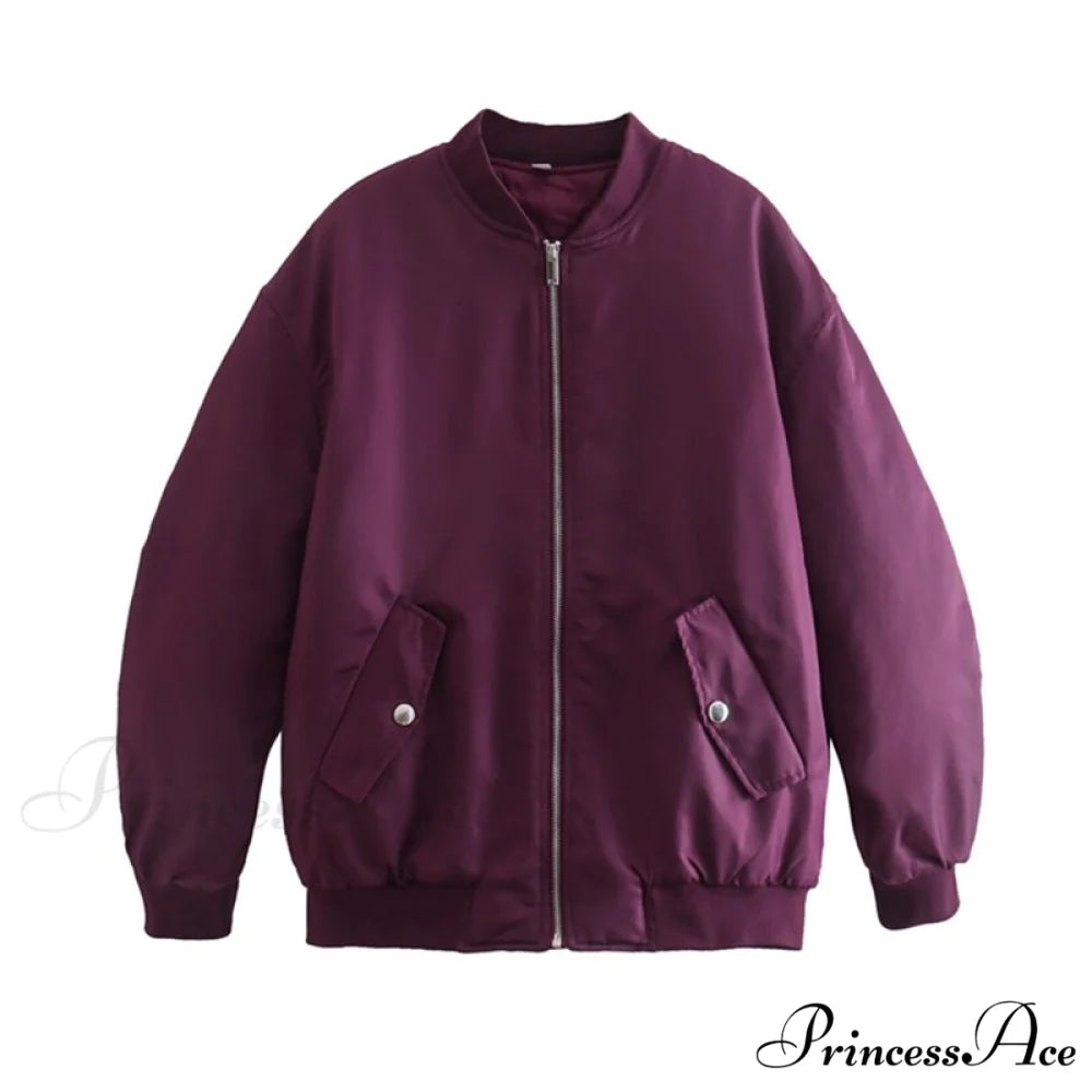 Fashion Zipper Loose Green Bomber Varsity Coat purple / XS