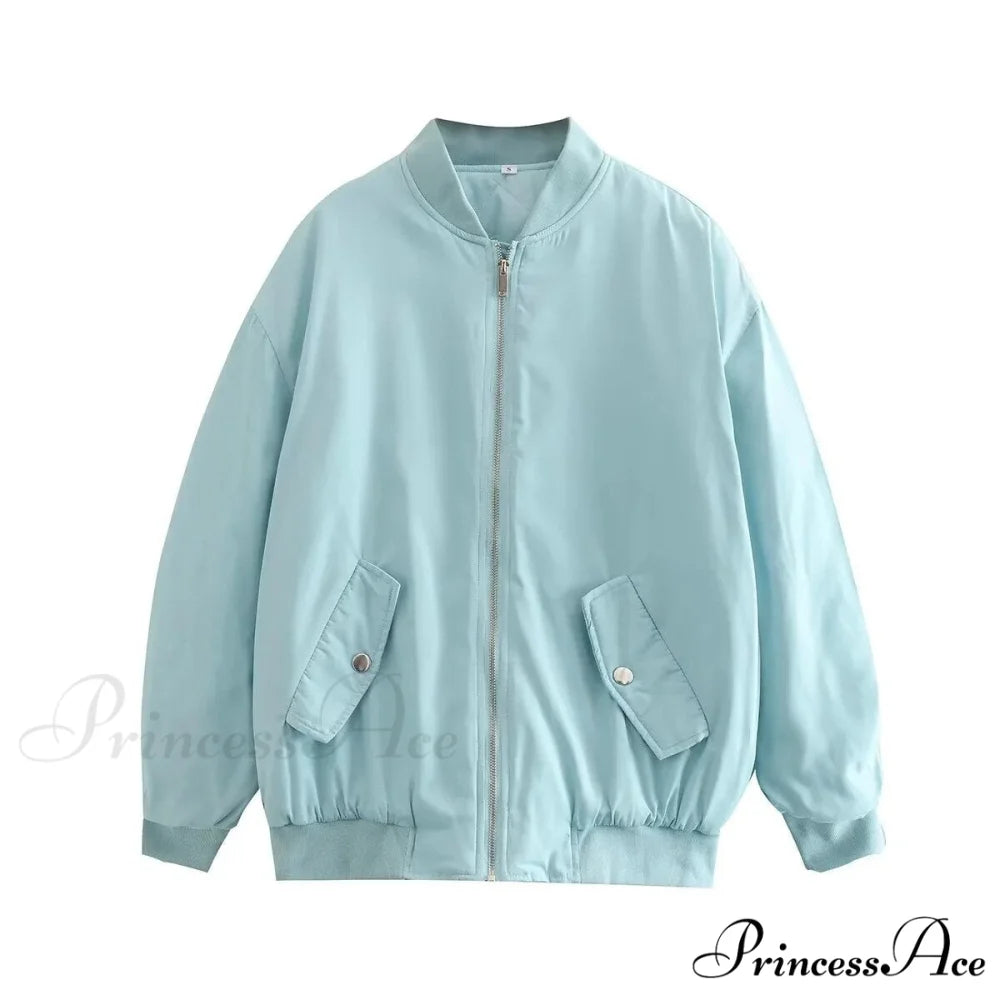 Fashion Zipper Loose Green Bomber Varsity Coat Sky Blue / XS