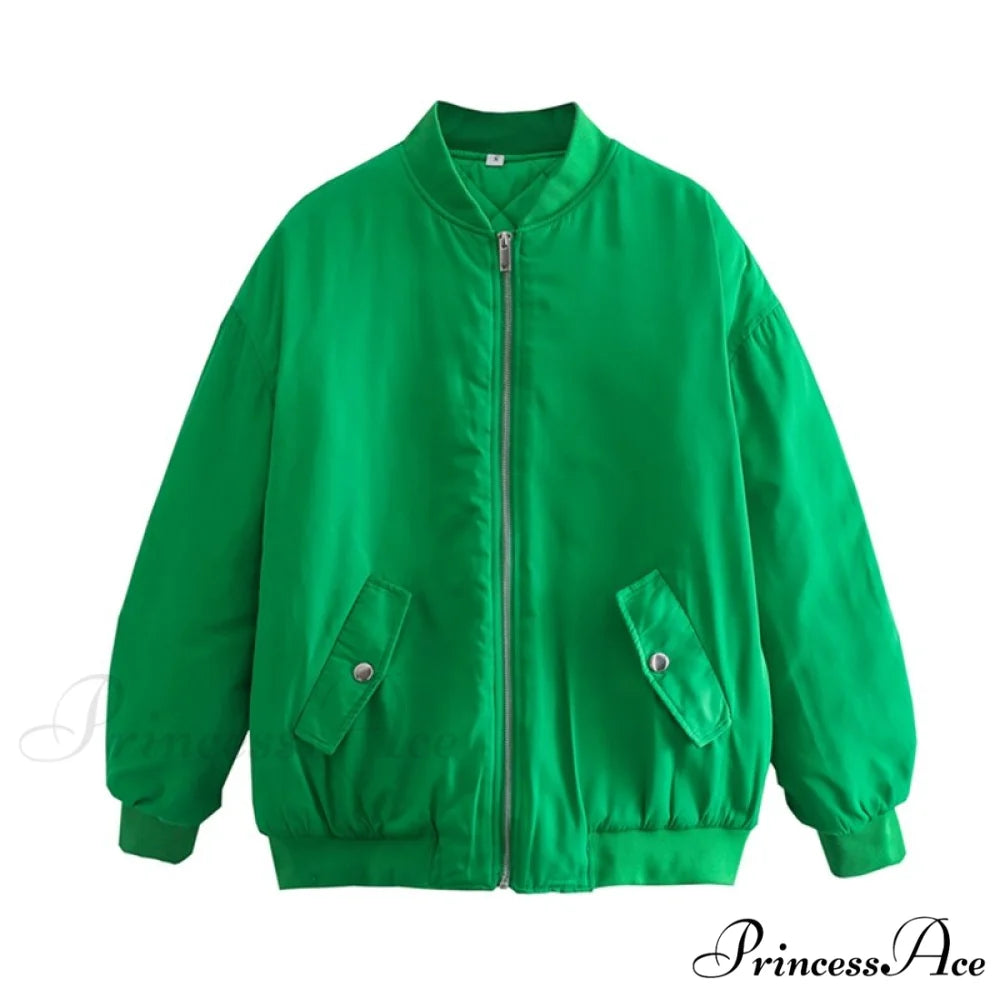 Fashion Zipper Loose Green Bomber Varsity Coat Green / XS