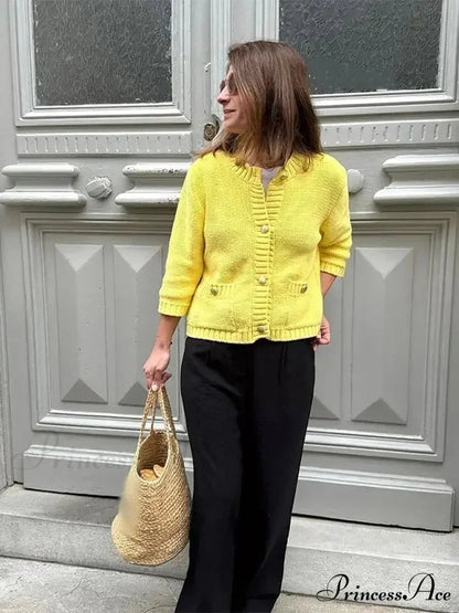 Fashionable Chic Yellow Stylish Cozy Long Sleeve Comfortable Single-breasted Warm Sweater