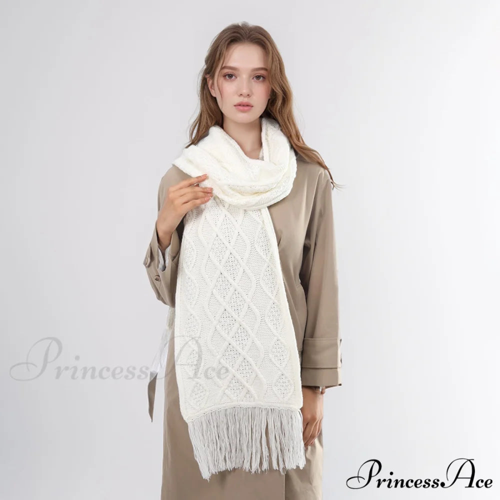 Fashionable Classic Pure Color Textured Tassel Elegant Warm Chunky Winter Scarf White