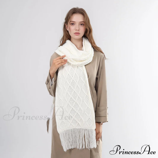 Fashionable Classic Pure Color Textured Tassel Elegant Warm Chunky Winter Scarf White