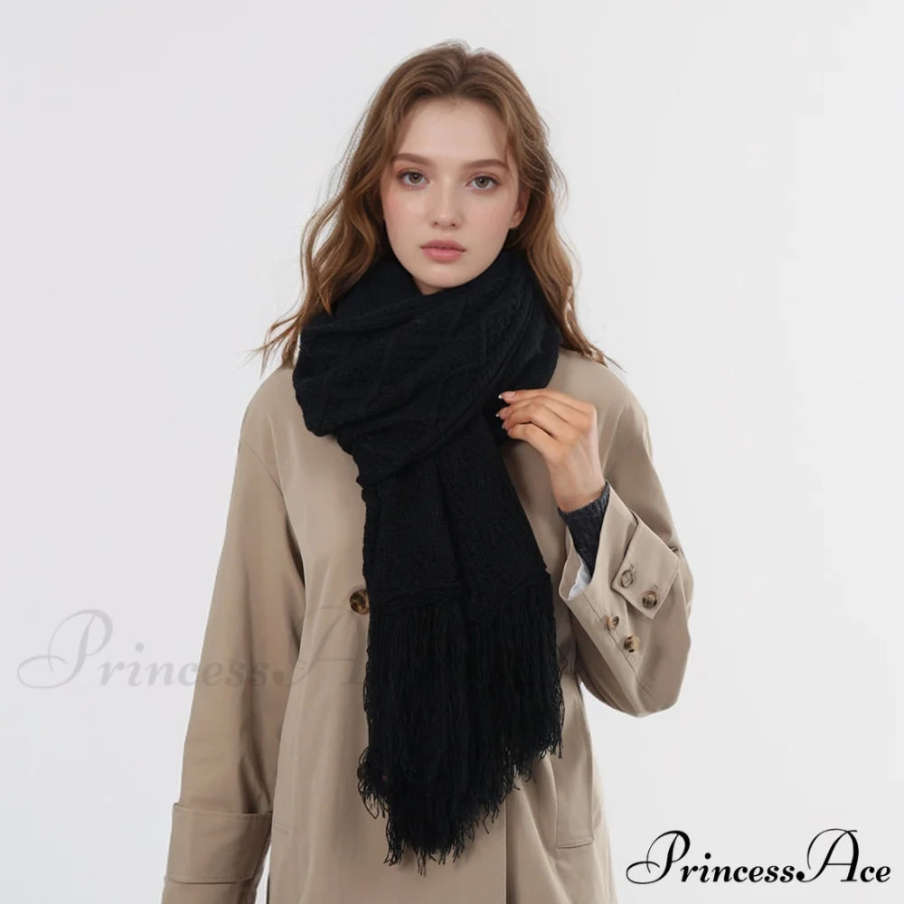 Fashionable Classic Pure Color Textured Tassel Elegant Warm Chunky Winter Scarf White