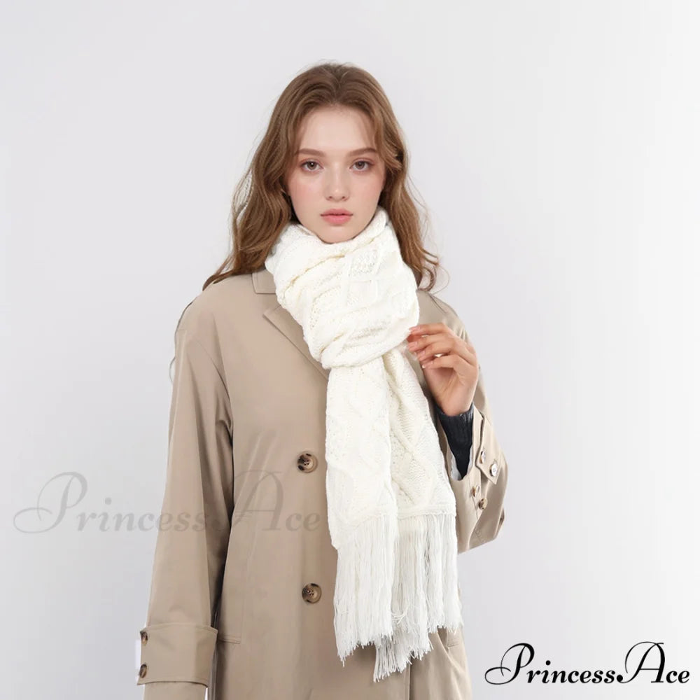 Fashionable Classic Pure Color Textured Tassel Elegant Warm Chunky Winter Scarf White