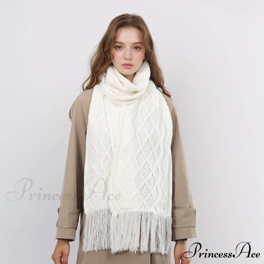 Fashionable Classic Pure Color Textured Tassel Elegant Warm Chunky Winter Scarf White