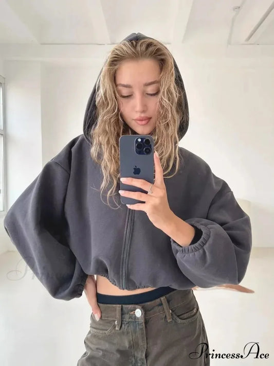 Fashionable Cropped Cozy Solid Color Loose Hoodie Gray / S