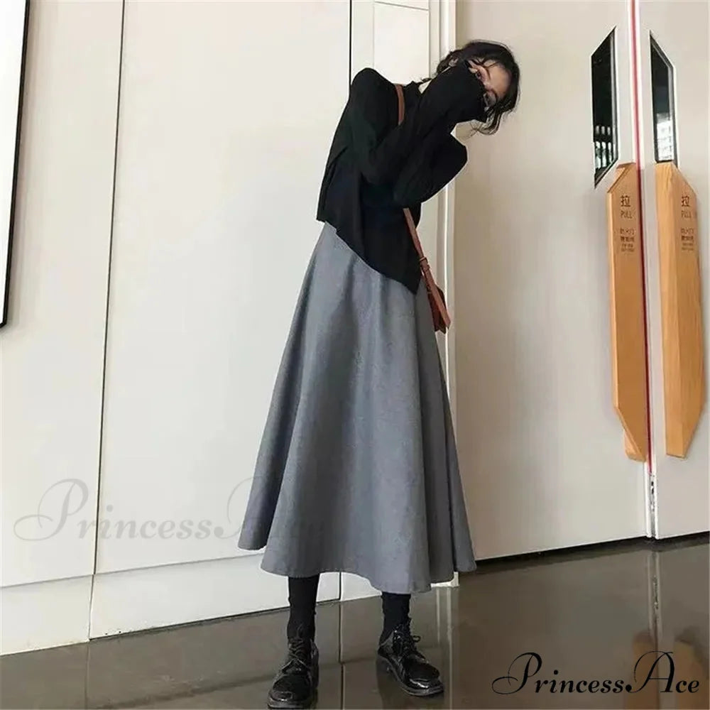 Fashionable High Waist Warm Basic Black Casual Thick Chic Maxi Skirt GRAY / S