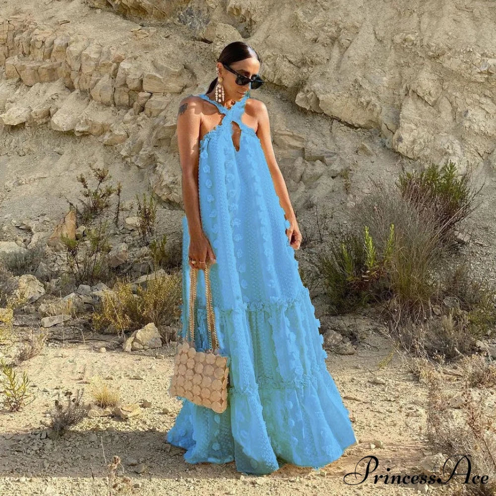 Fashionable neck floral floor sweeping cake dress Sky blue / S