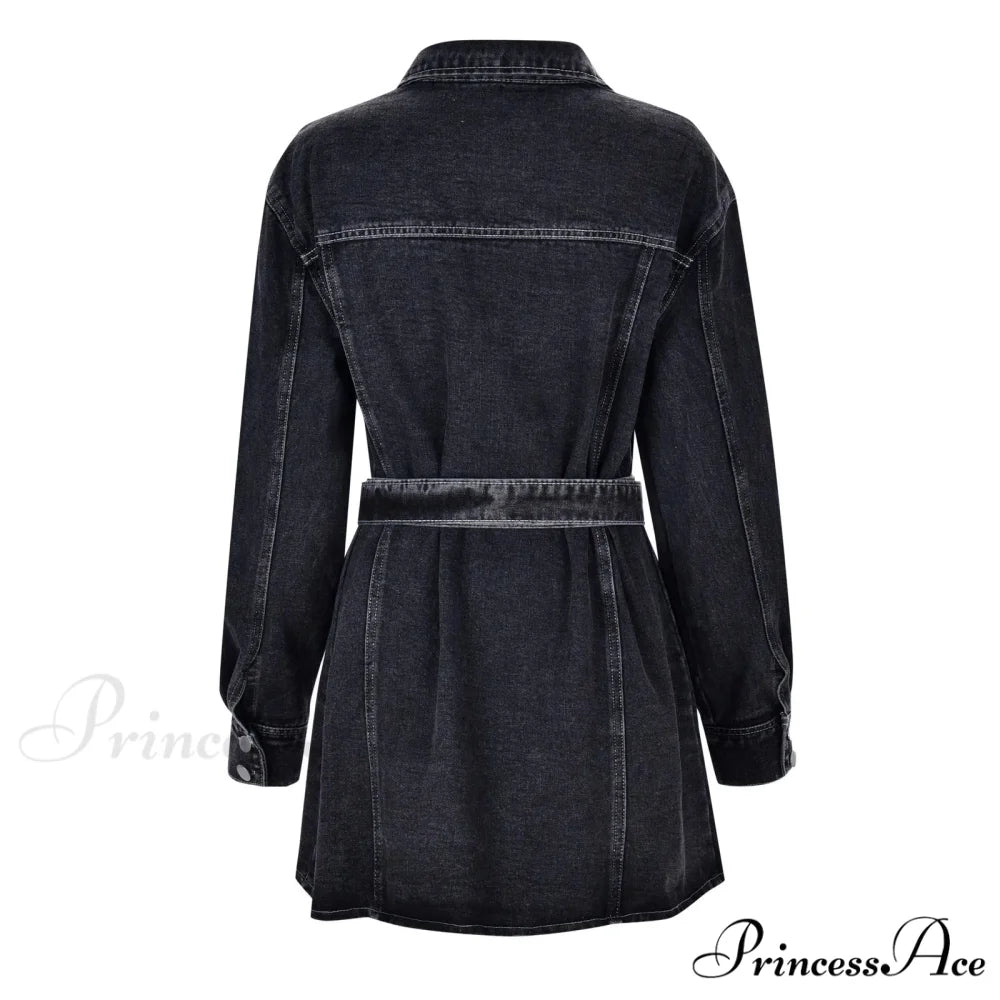 Fashionable Slim Mid-Cuff Belted Denim Office Spring Casual Long-Sleeve Women’s Dress