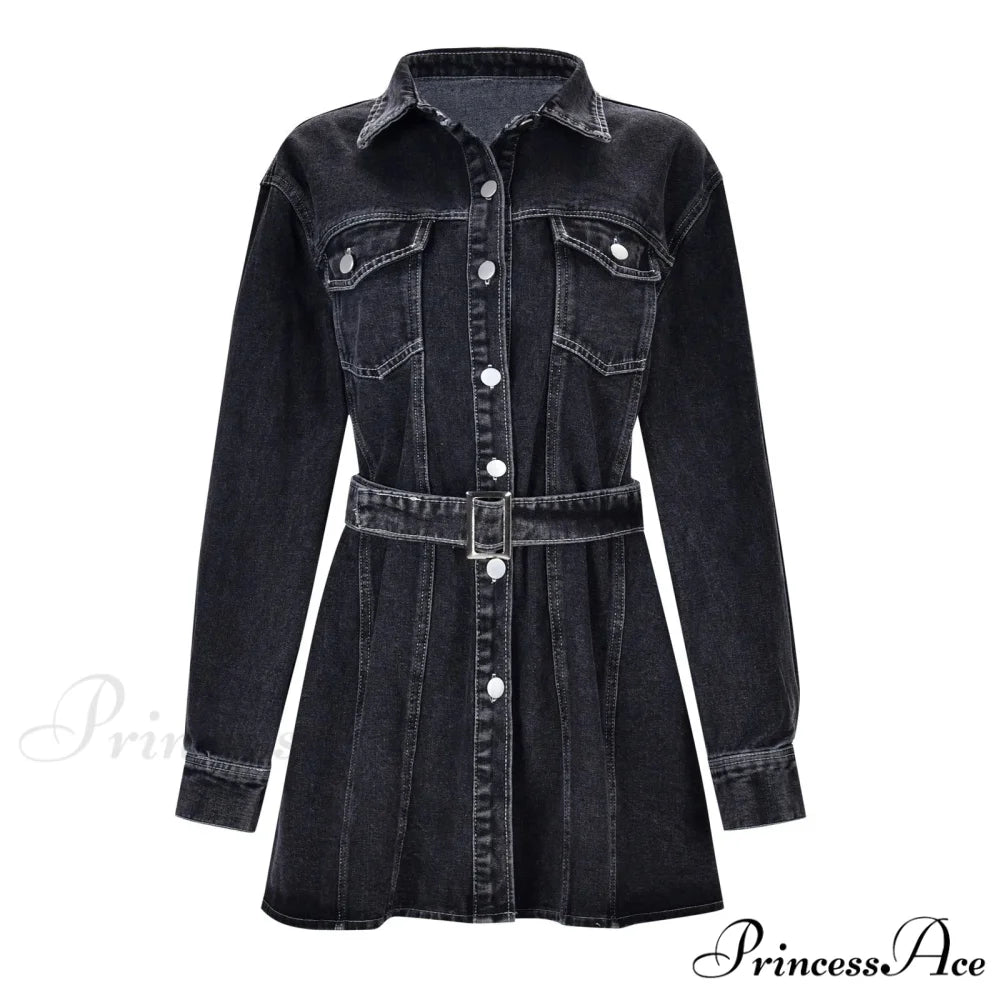 Fashionable Slim Mid-Cuff Belted Denim Office Spring Casual Long-Sleeve Women’s Dress