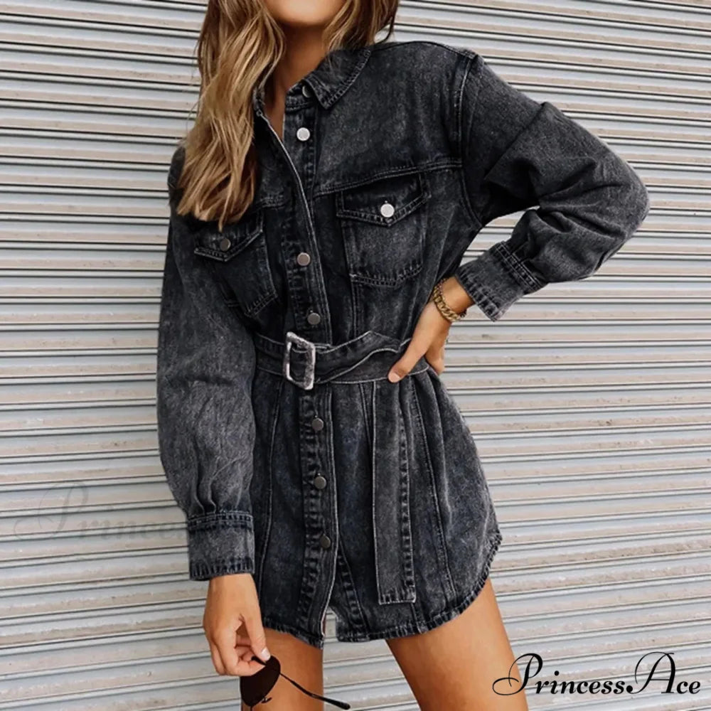 Fashionable Slim Mid-Cuff Belted Denim Office Spring Casual Long-Sleeve Women’s Dress Grey / S