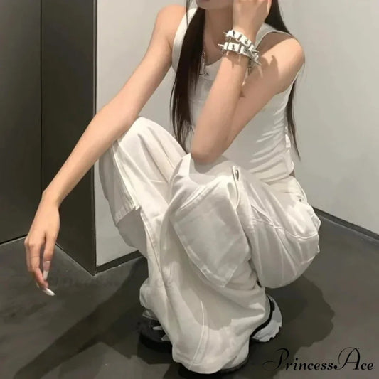 Fashionable White Cargo Jeans Wide Leg Trousers pants-241228