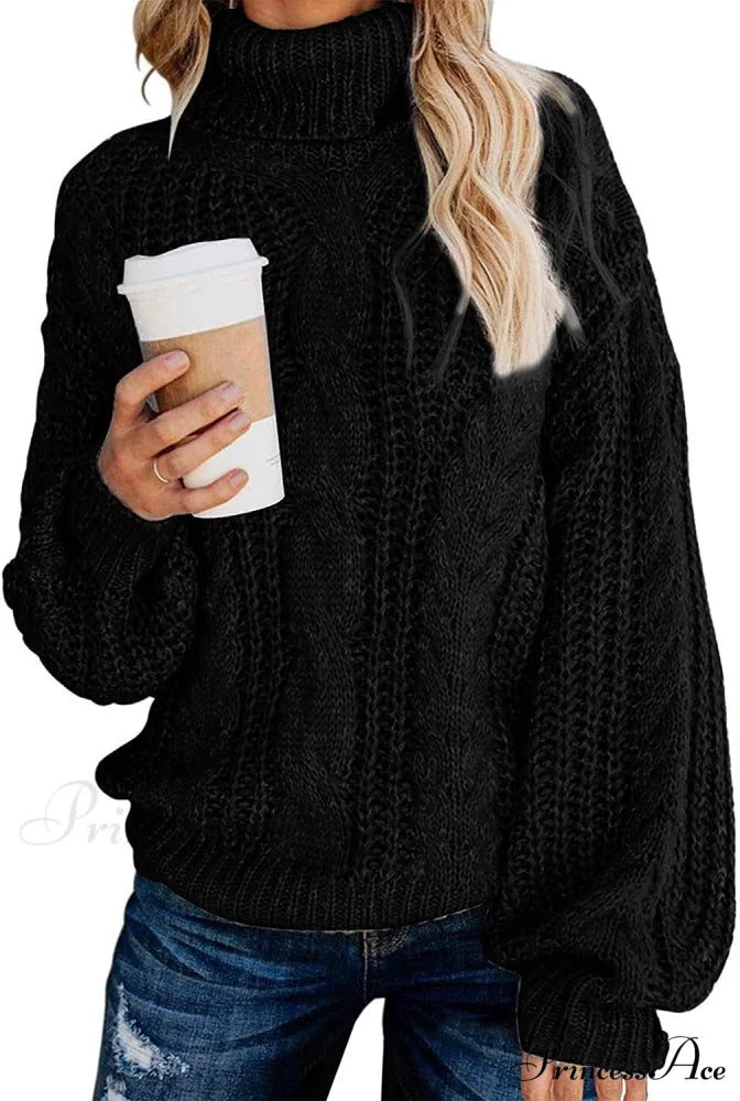 Fashionme Chic Ballon Sleeve Winter Turtleneck Chunky Sweater Black / Small