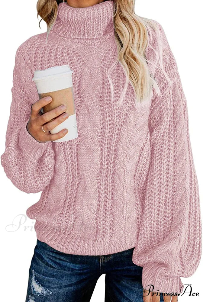 Fashionme Chic Ballon Sleeve Winter Turtleneck Chunky Sweater Dusty Pink / Small