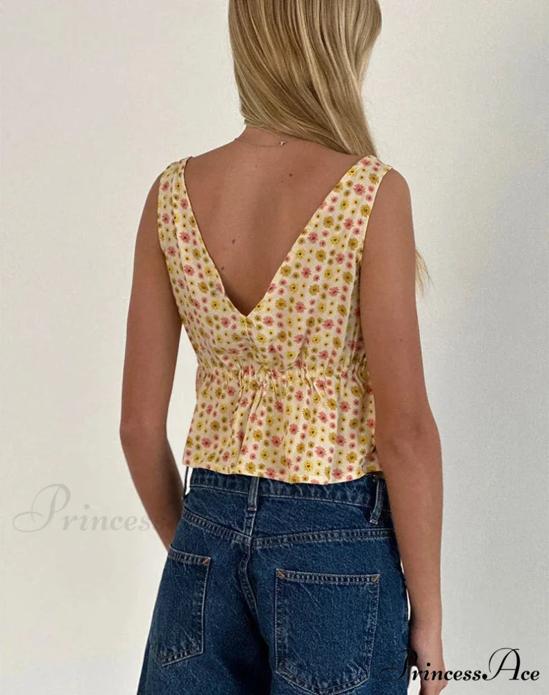 Fasten Front Underbust Drawcord Floral Pattern V Neck Sleeveless Enchanting Backless Crop Top croptop-250126