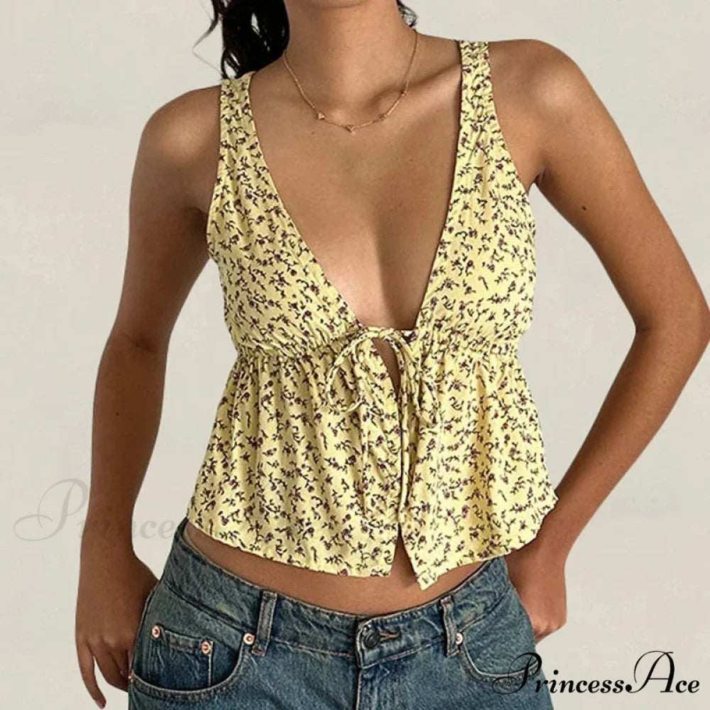 Fasten Front Underbust Drawcord Floral Pattern V Neck Sleeveless Enchanting Backless Crop Top croptop-250126