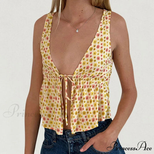 Fasten Front Underbust Drawcord Floral Pattern V Neck Sleeveless Enchanting Backless Crop Top ORANGE / S croptop-250126