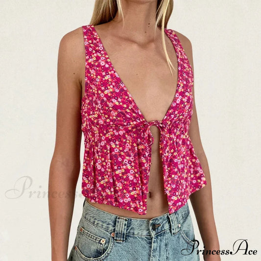 Fasten Front Underbust Drawcord Floral Pattern V Neck Sleeveless Enchanting Backless Crop Top RED / S croptop-250126