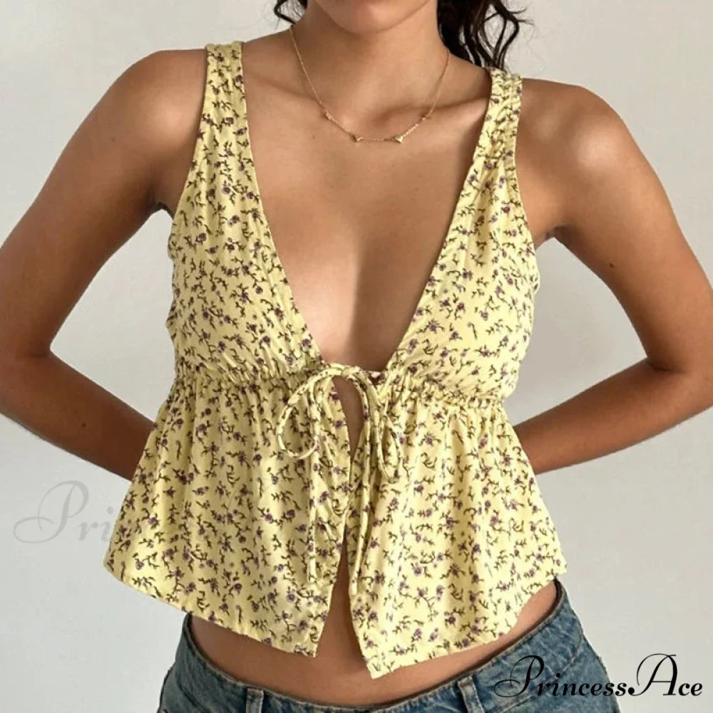 Fasten Front Underbust Drawcord Floral Pattern V Neck Sleeveless Enchanting Backless Crop Top YELLOW / S croptop-250126