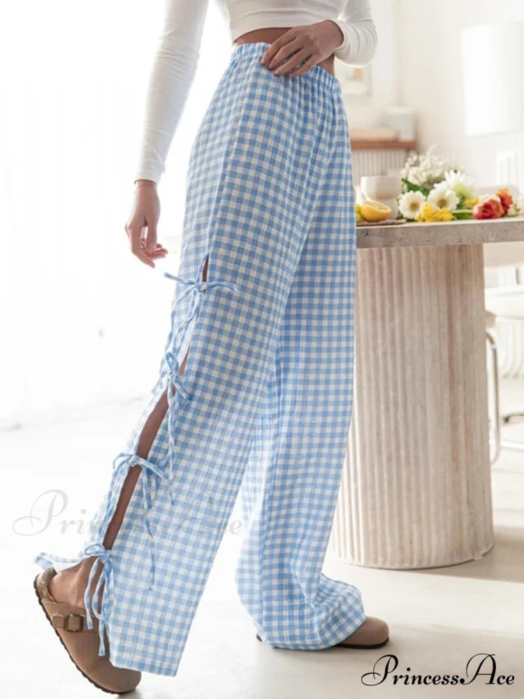 Fasten-Up Plaid Stripe Baggy Polyester Wide Leg Pant pant-250223