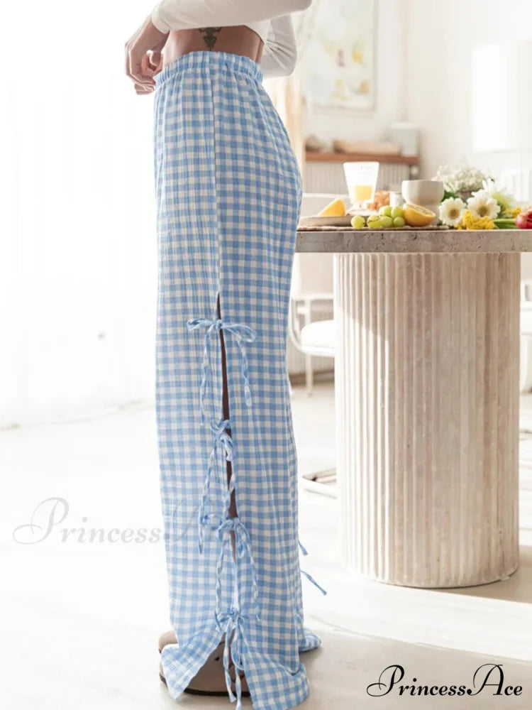 Fasten-Up Plaid Stripe Baggy Polyester Wide Leg Pant pant-250223