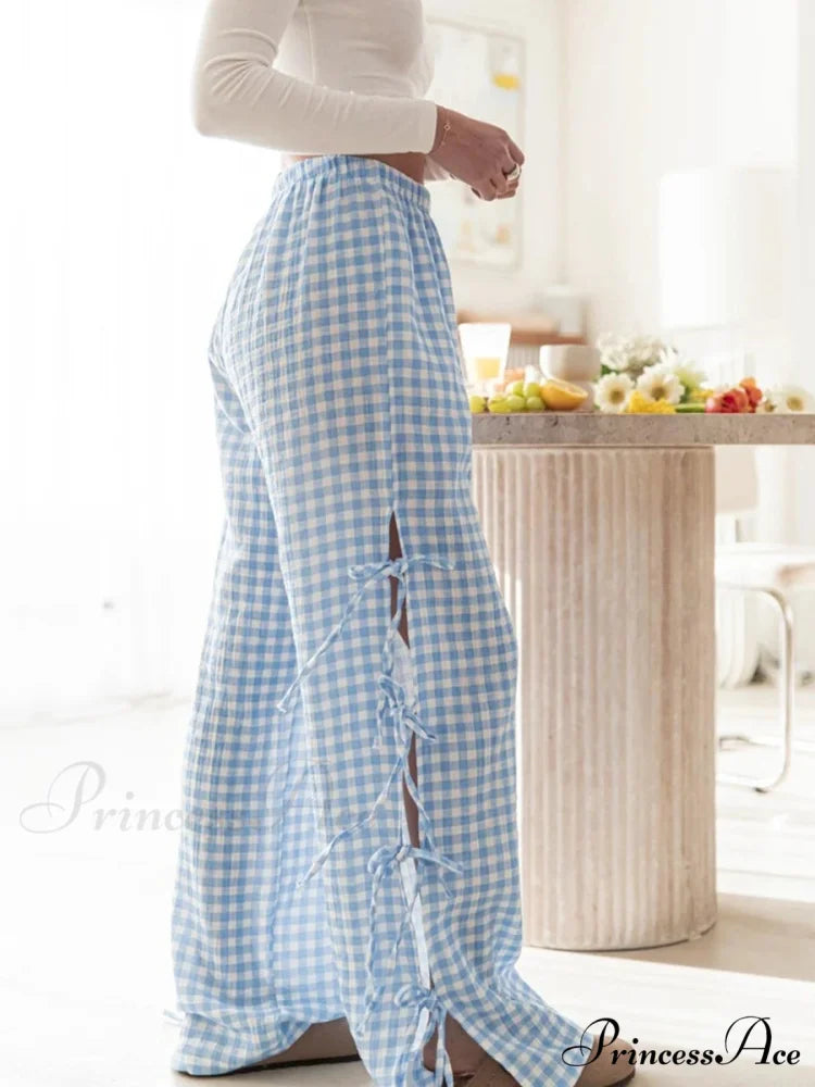 Fasten-Up Plaid Stripe Baggy Polyester Wide Leg Pant pant-250223