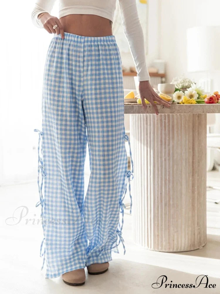 Fasten-Up Plaid Stripe Baggy Polyester Wide Leg Pant pant-250223