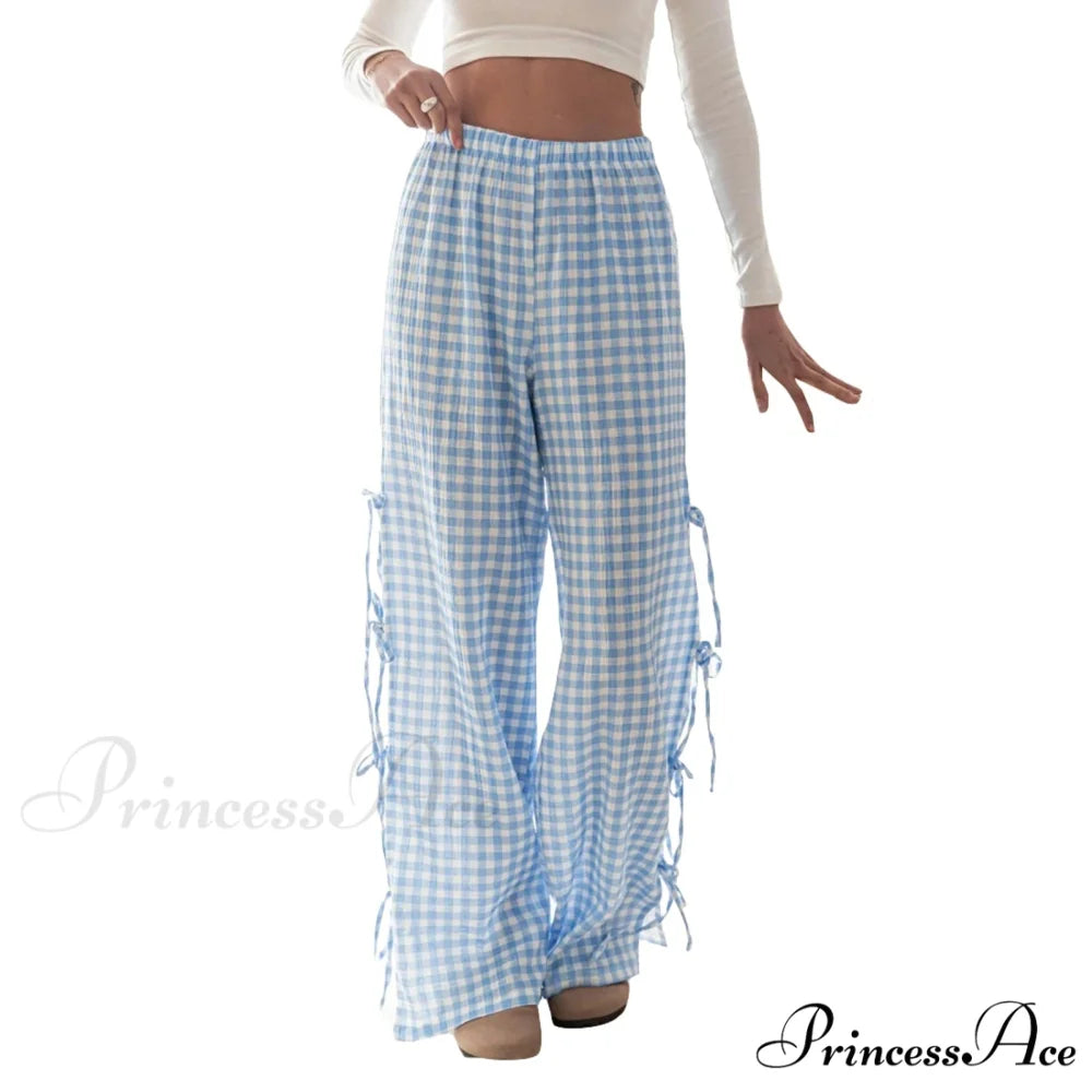 Fasten-Up Plaid Stripe Baggy Polyester Wide Leg Pant Blue / S pant-250223