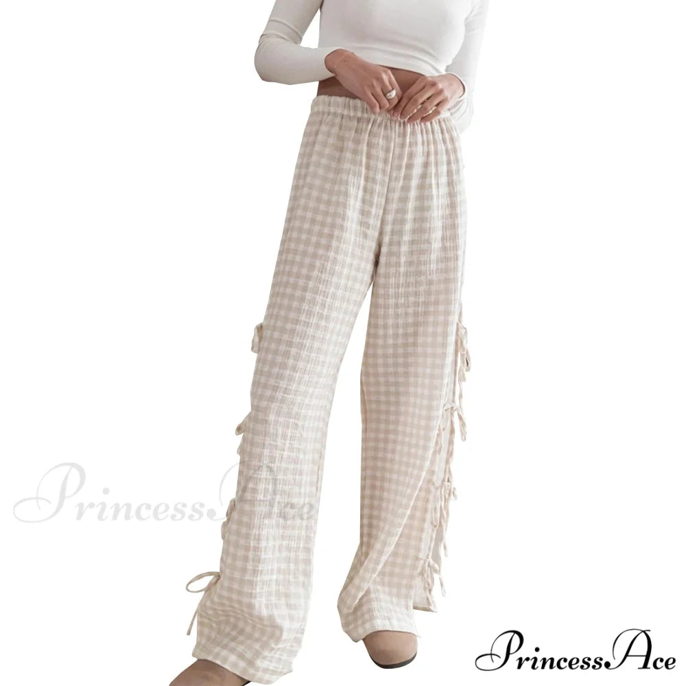 Fasten-Up Plaid Stripe Baggy Polyester Wide Leg Pant Khaki / S pant-250223
