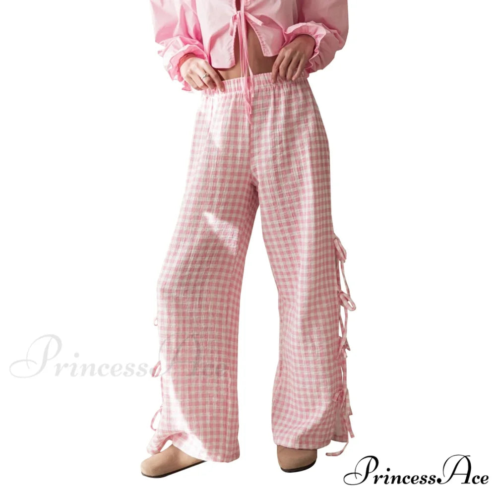 Fasten-Up Plaid Stripe Baggy Polyester Wide Leg Pant Pink / S pant-250223