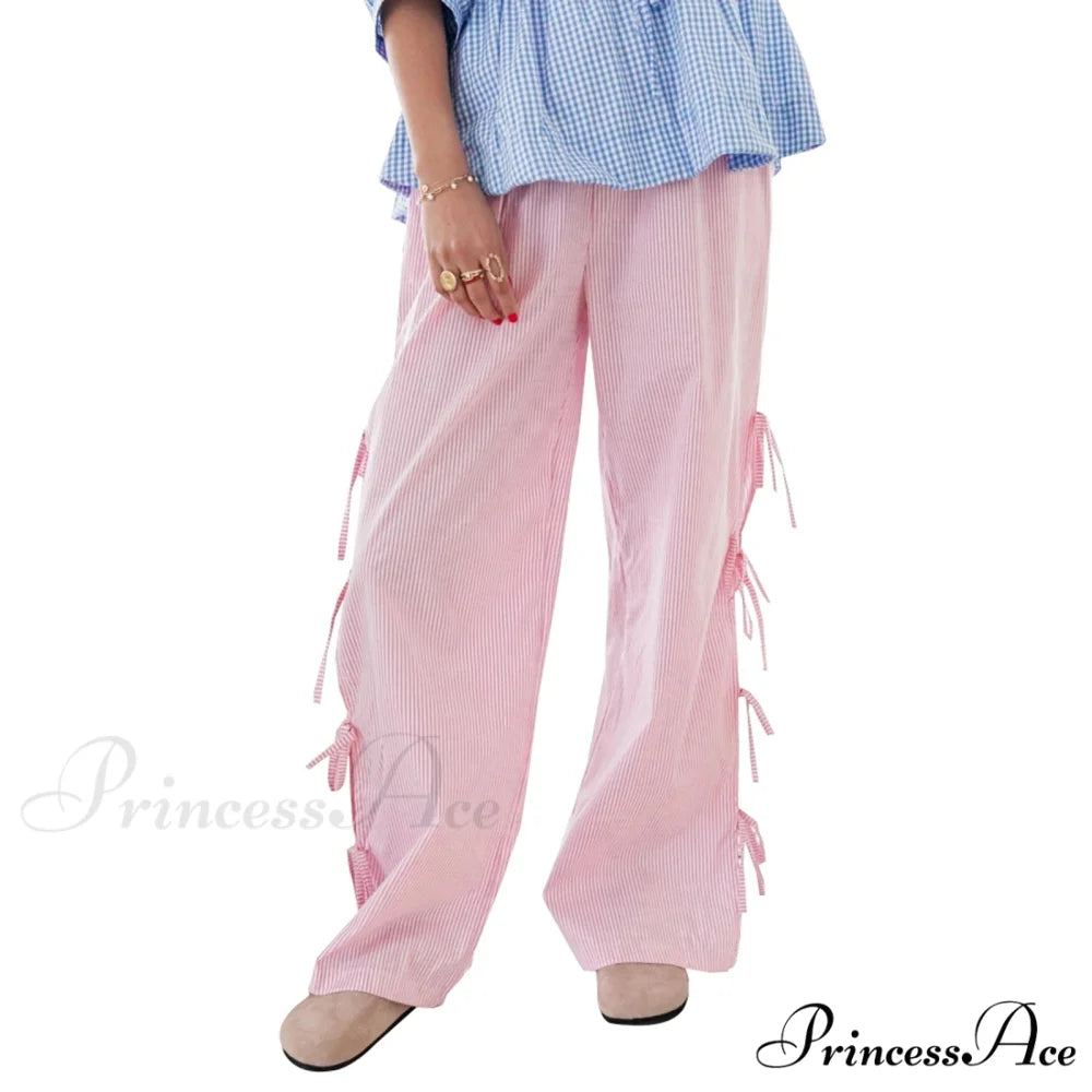 Fasten-Up Plaid Stripe Baggy Polyester Wide Leg Pant Pink Stripe / S pant-250223