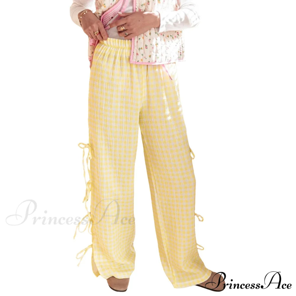 Fasten-Up Plaid Stripe Baggy Polyester Wide Leg Pant Yellow / S pant-250223